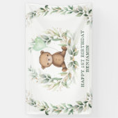 Greenery Teddy Bear Yellow Ballon Happy Birthday Banner (Vertikal)