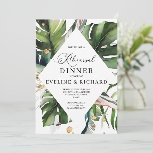 Greenery Tropical Blätter Gold Probe Dinner Einladung (Stehend Vorderseite)