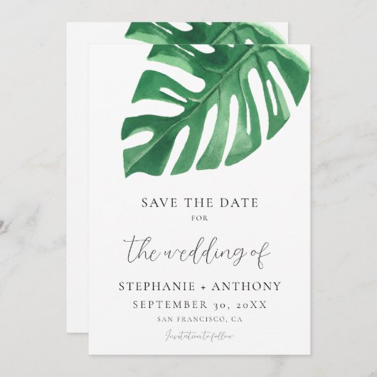Greenery Tropical Monstera Blätter Summer Wedding Save The Date (Vorne/Hinten)