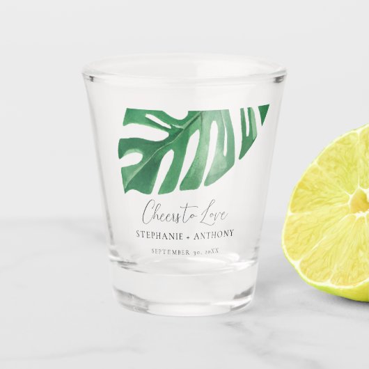 Greenery Tropical Monstera Blätter Summer Wedding Schnapsglas (Vorderseite)