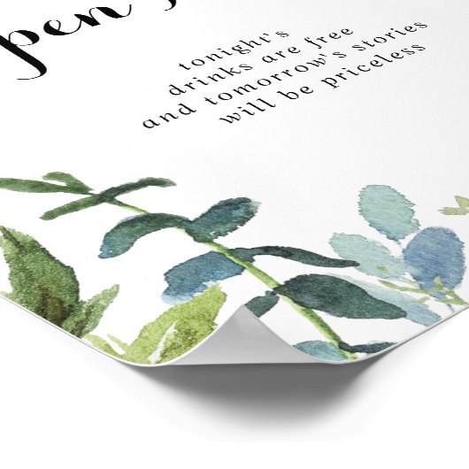 Greenery Tropical Wedding Open Bar Sign Poster (Ecke)