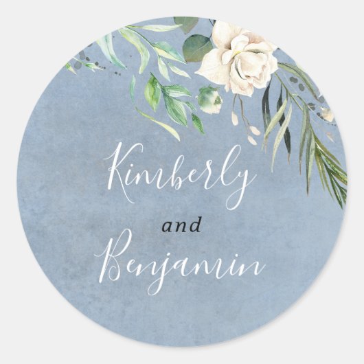 Greenery und Dusty Blue Elegant Wedding Runder Aufkleber (Vorderseite)