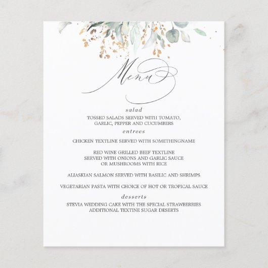 Greenery und Eukalyptus Blätter Wedding Menu Flyer (Vorne)