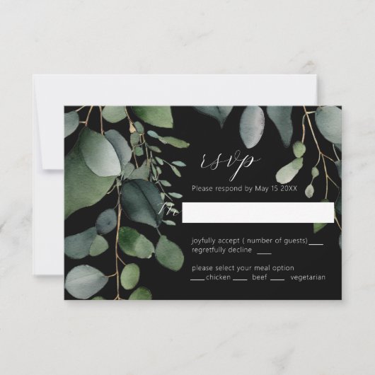 Greenery und Eukalyptus Wedding Black RSVP Card Karte (Vorderseite)