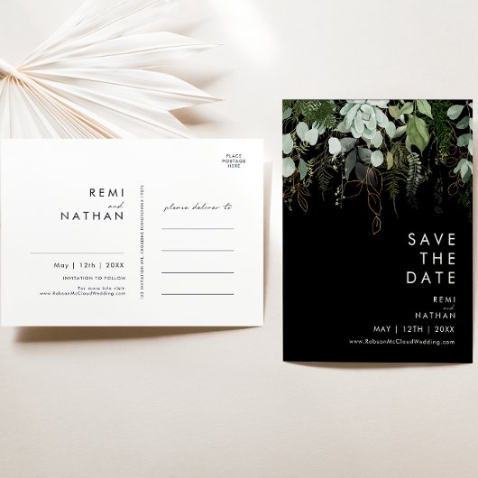 Greenery und Gold Black Save the Date Postcard Einladungspostkarte