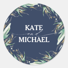 Greenery und Gold Blätter Wreath Navy Blue Wedding Runder Aufkleber