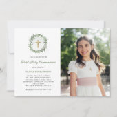 Greenery und Gold Cross Foto Erste Heilige Kommuni Einladung (Vorderseite)