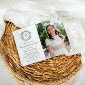 Greenery und Gold Cross Foto Erste Heilige Kommuni Einladung