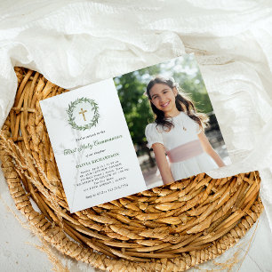 Greenery und Gold Cross Foto Erste Heilige Kommuni Einladung