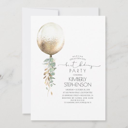 Greenery und Gold Glitzer Ballon Elegant Geburtsta Einladung (Vorderseite)