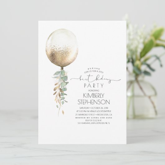 Greenery und Gold Glitzer Ballon Elegant Geburtsta Einladung (Stehend Vorderseite)