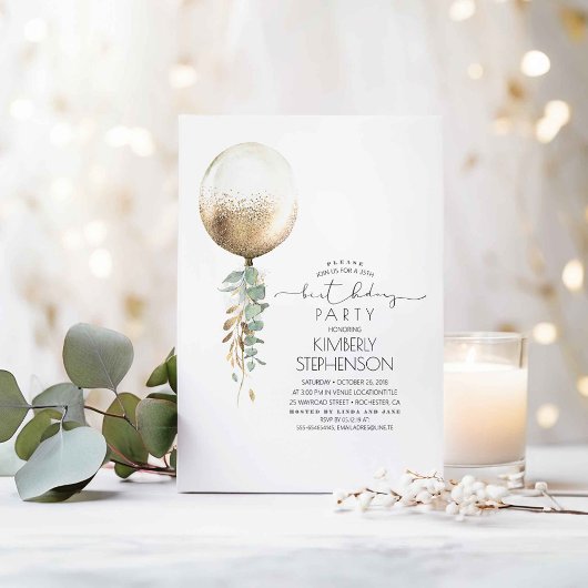 Greenery und Gold Glitzer Ballon Elegant Geburtsta Einladung