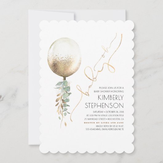 Greenery und Gold Glitzer Ballon Oh Baby Shower Einladung (Vorderseite)
