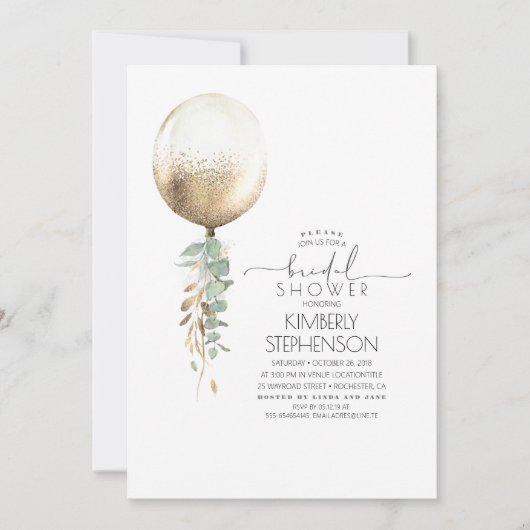 Greenery und Gold Glitzer Balloon Brautparty Einladung (Vorderseite)