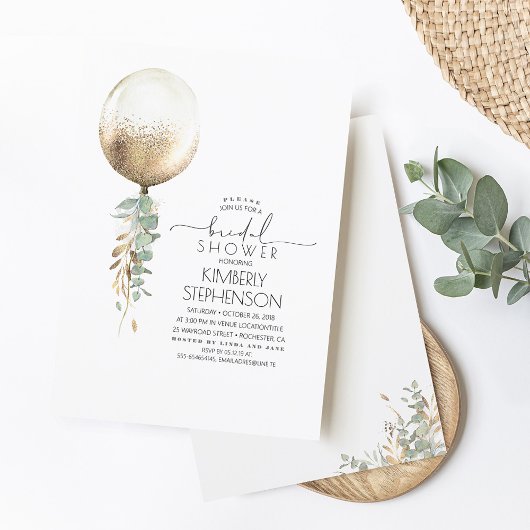 Greenery und Gold Glitzer Balloon Brautparty Einladung