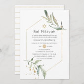 Greenery und Gold Glitzer Geometric Bat Mitzvah Einladung (Vorne/Hinten)