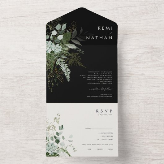 Greenery und Gold Leaf Einfaches Schwarzes Siegel All In One Einladung (Innen Boden)