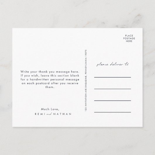 Greenery und Gold Leaf Script Dark Navy Vielen Dan Postkarte (Rückseite)