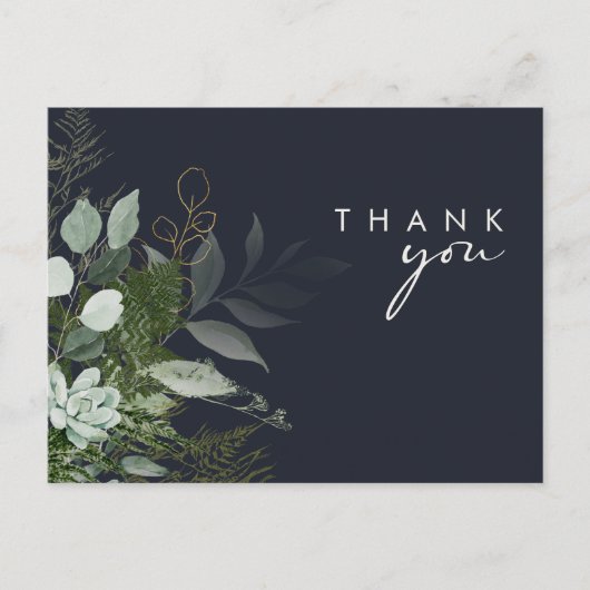 Greenery und Gold Leaf Script Dark Navy Vielen Dan Postkarte (Vorderseite)