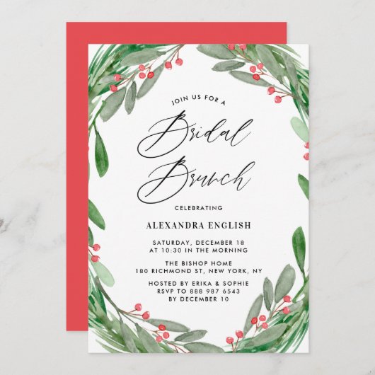 Greenery und Holly Wreath Winter Bridal Brunch Einladung (Vorne/Hinten)