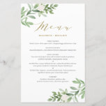 Greenery und White Floral Gold Wedding Menu Card<br><div class="desc">Fügen Sie Ihrem Tischdeck einen grünen Akzent mit dieser individuell gestaltbaren Karte. Es zeigt Aquarellbilder und Muster von Blattwerk und weißen Blume. Diese Karte ist perfekt für Frühjahr- und Gartenhochzeiten und andere Veranstaltungen geeignet.</div>