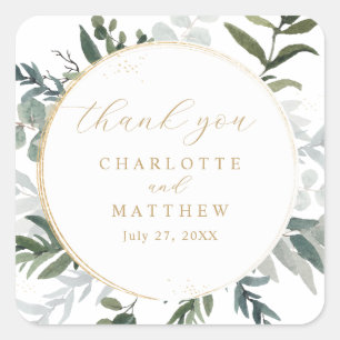 Greenery Vielen Dank, dass Sie Gold Wedding Quadratischer Aufkleber