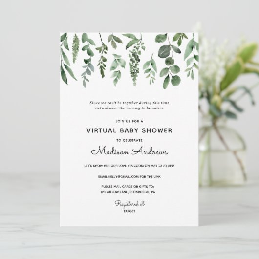 Greenery Virtual Baby Shower Einladung (Stehend Vorderseite)