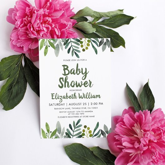 Greenery Watercolor Blätter Botanical Baby Shower Einladung