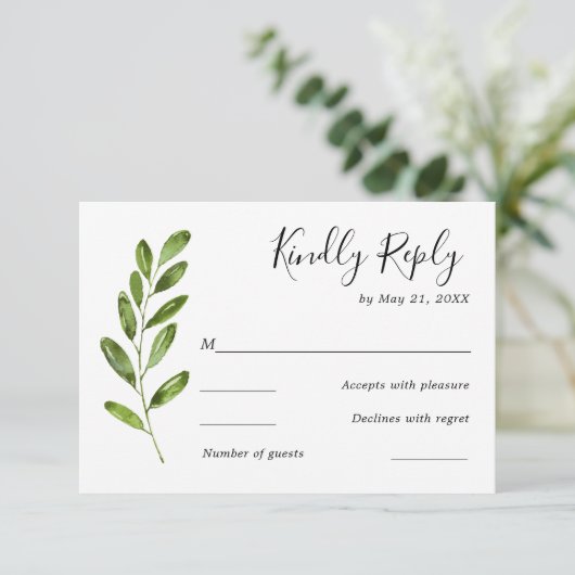 Greenery Watercolor Blätter Wedding RSVP Card (Stehend Vorderseite)