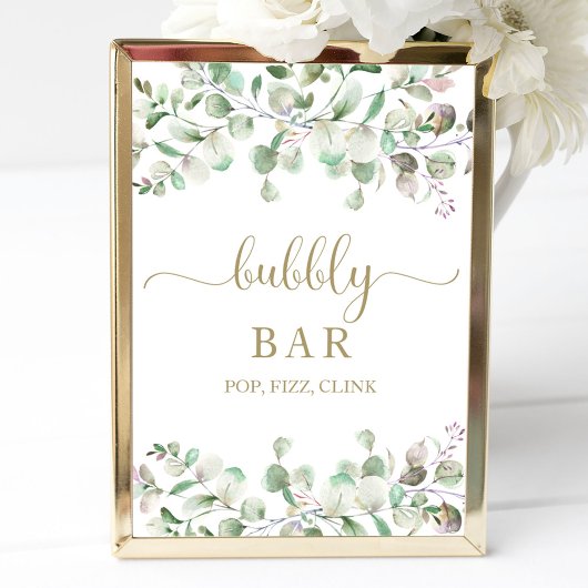 Greenery Watercolor Bubbly Bar Pop Fizz Clink Sign Poster