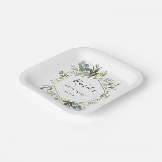 Greenery Watercolor Gold Hexagon Brautparty Pappteller (Gewinkelt)