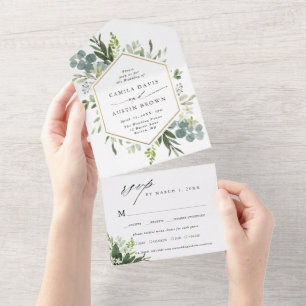 Greenery Watercolor Gold Hexagon Wedding All In One Einladung