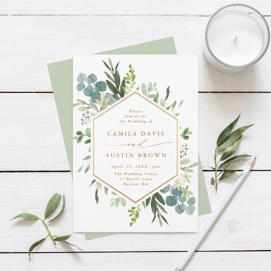 Greenery Watercolor Gold Hexagon Wedding Einladung