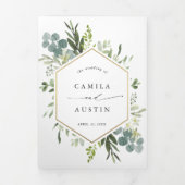 Greenery Watercolor Gold Hexagon Wedding Foto Dreifach Gefaltete Einladung (Cover)