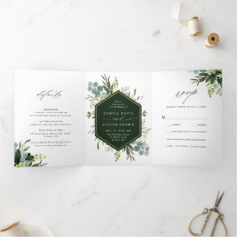 Greenery Watercolor Gold Hexagon Wedding Foto Dreifach Gefaltete Einladung