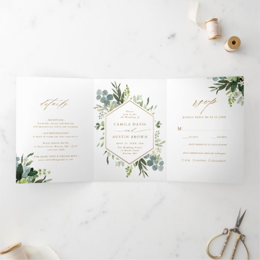 Greenery Watercolor Gold Script Wedding Foto Dreifach Gefaltete Einladung (Innenseite)