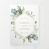 Greenery Watercolor Gold Script Wedding Foto Dreifach Gefaltete Einladung (Cover)