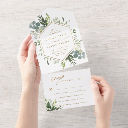 Greenery Watercolor Hexagon Wedding Gold All In One Einladung (Abreißen)