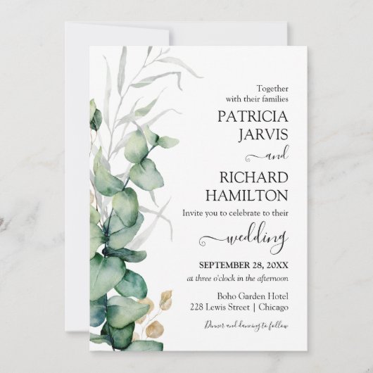 Greenery Watercolor Hochzeit Einladung (Vorderseite)