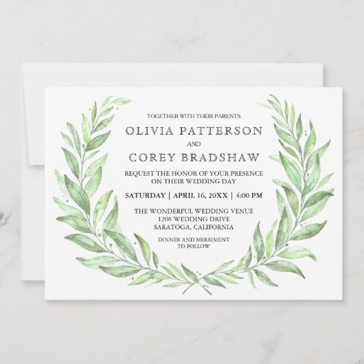 Greenery Watercolor Laurel Wreath Wedding Einladung (Vorderseite)