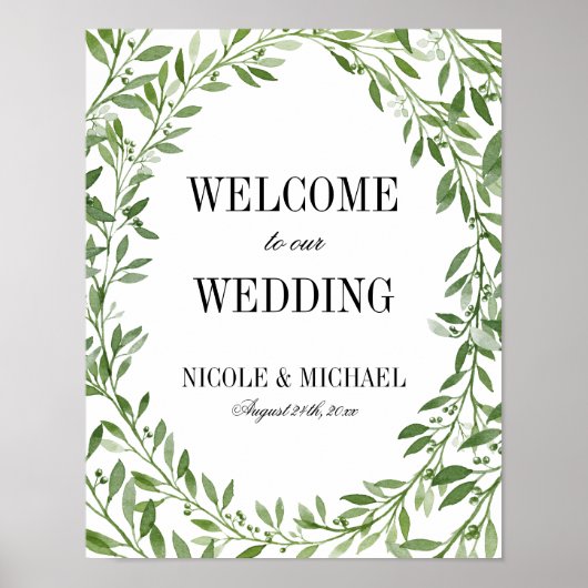Greenery Watercolor Leaf Wreath Wedding Willkommen Poster (Vorne)