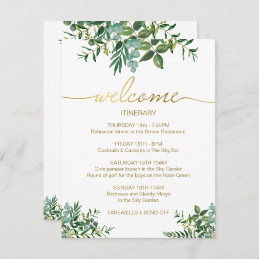 Greenery Watercolor Wedding Itinerary Gold Script Begleitkarte (Vorne/Hinten)