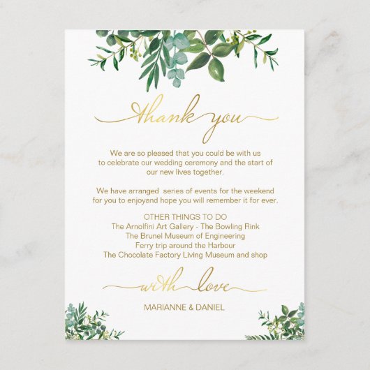 Greenery Watercolor Wedding Itinerary Gold Script Begleitkarte (Rückseite)
