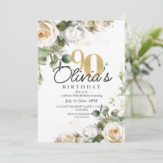 Greenery Watercolor White Rose Gold 90th Birthday Einladung (Stehend Vorderseite)