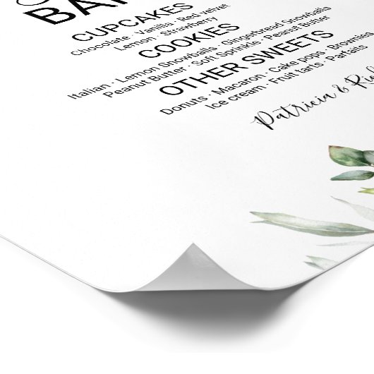 Greenery Wedding Dessert Table Sign Poster (Ecke)