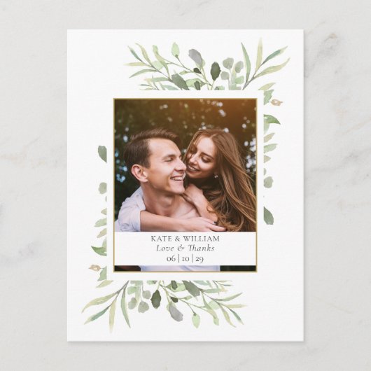 Greenery Wedding Foto Vielen Dank Watercolor Postkarte (Vorderseite)