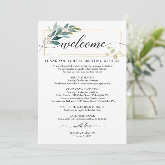 Greenery Wedding Itinerary - Wedding Hotel Bag Programm (Stehend Vorderseite)