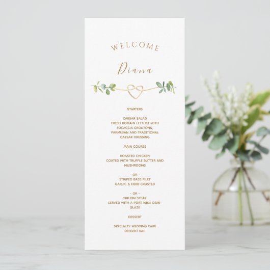Greenery Wedding Menu mit Gast Name Menükarte (Stehend Vorderseite)