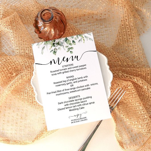Greenery Wedding Menü Wasserfarbe Eukalyptus Karte