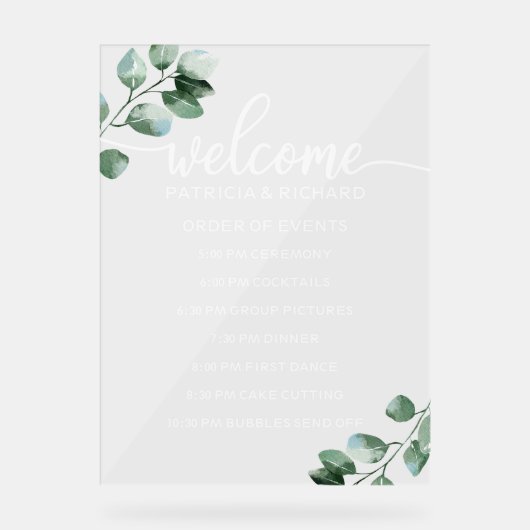 Greenery Wedding Order of Events Acrylschild (Vorderseite)